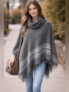 Roots Grey Cowl Neck Fringe Poncho Asymmetrical Stripe OS